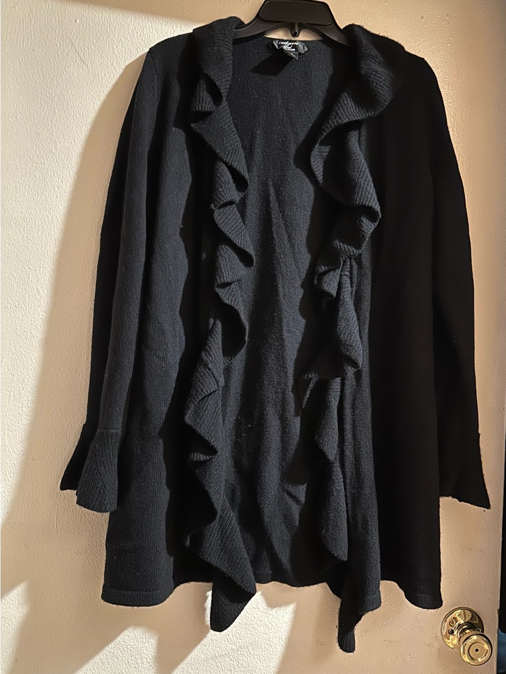 Lord & Taylor Black Ruffle Open-Front Long Sleeve Cardigan